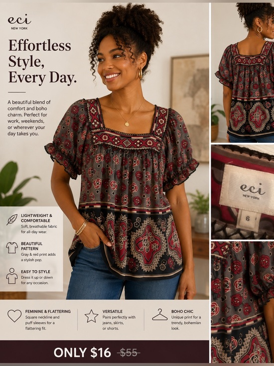 eci New York Tops - eci New York Gray & Red Patterned Blouse Size 6